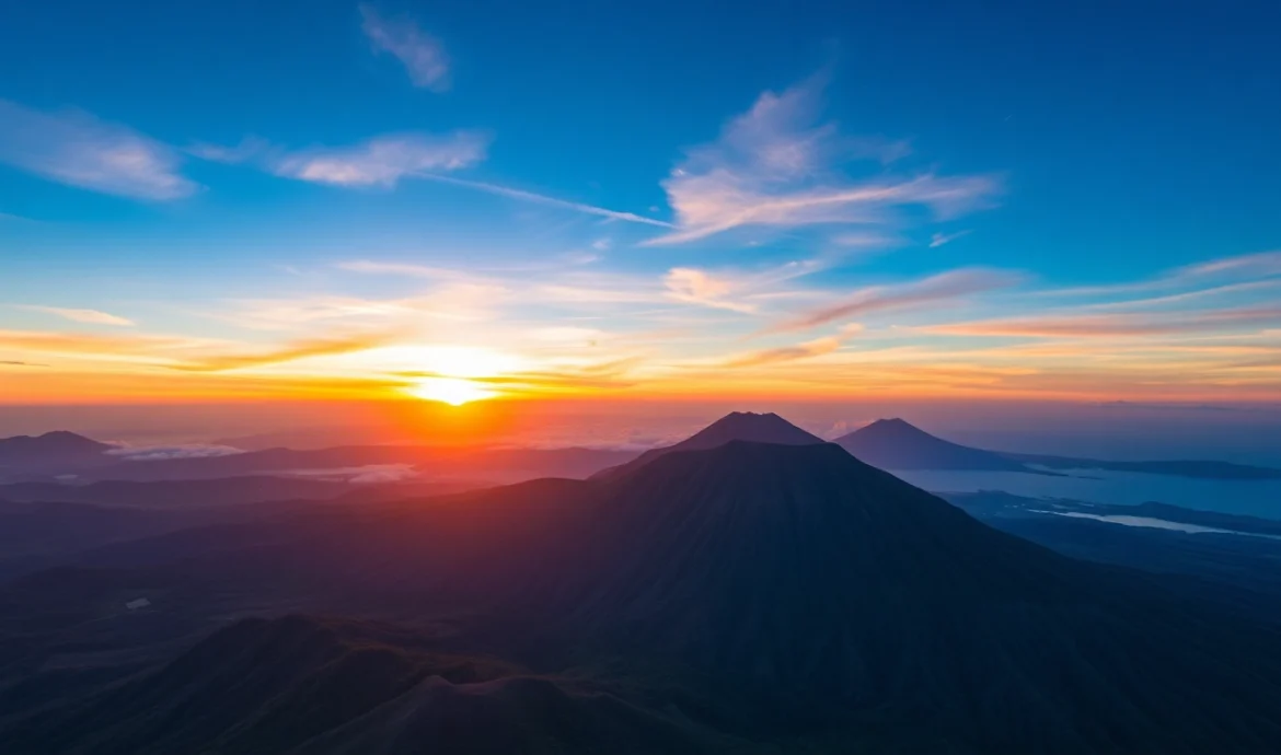 Lombok’s scenic landscape with Mount Rinjani and vibrant sunset sky, perfect for travel inspiration.