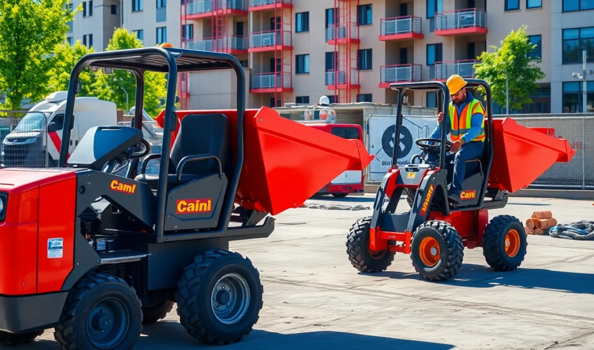 Efficient dumper rental for construction projects, featuring compact mini dumpers in action on a busy site