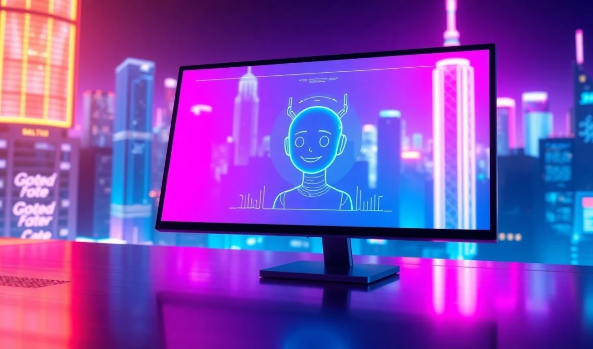 Futuristic digital chatbot interface with vibrant neon colors and AI character on a high-tech screen in a cyberpunk cityscape