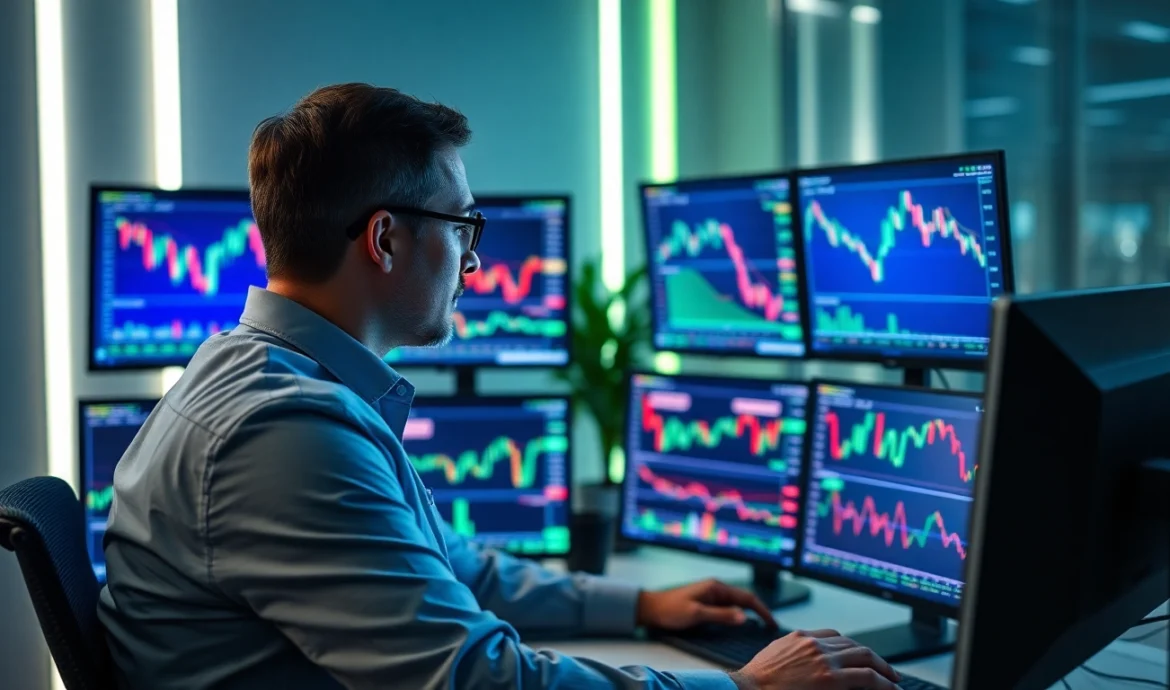 Stock Market Updates dashboard showing real-time graphs, digital data streams, and financial